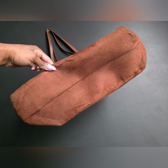 Chocolate Brown Faux Suede Faux Leather Bow Tote 16x11x6'D Books Beach Gym - Picture 3 of 8